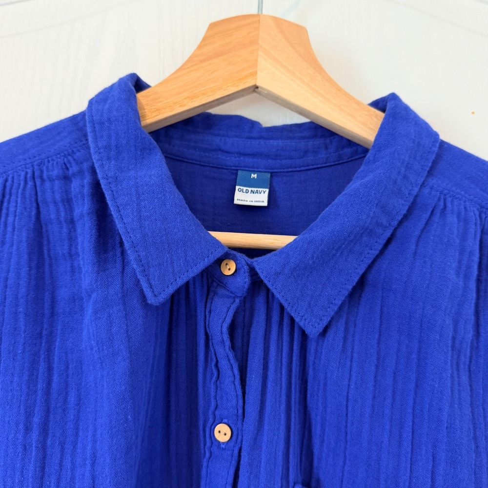 Old Navy Blue Gauze Button Down Shirt Short Sleeve Boxy Crop Top Medium - Picture 3 of 8